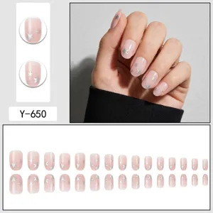30pcs Press-on Nails Nude Pink Fake Nails with Silver Star Cute Acrylic Nail Art Set