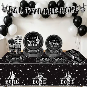 Black and white skeleton birthday party tableware set with plates cups napkins table cloth