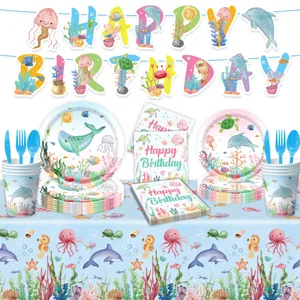 Ozean Tier Thema Geburtstag Party Geschirr Set mit Pappteller, Bechern und Banner.