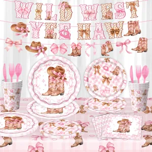 Rosa Cowgirl Geburtstag Party Zubehör Set mit Tellern Bechern Banner für westliches Thema