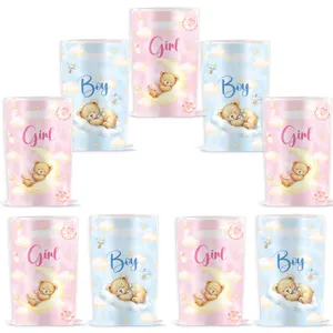 Cute baby gender reveal party gift bags featuring sleeping teddy bear designs for boys and girls.