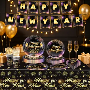 Black gold New Year party tableware set, plates, cups, napkins, tablecloth, and banner.