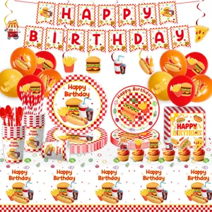 Fastfood Motiv Geburtstag Party Zubehör Detail, bunte Pappteller Becher und Banner Set.