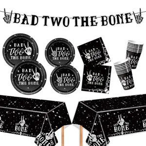 Bad Two The Bone Baby 2nd Birthday Party Tableware Set Skull Paper Plates Cups Napkins Tablecloth Banner Rock Theme Gothic Supplies