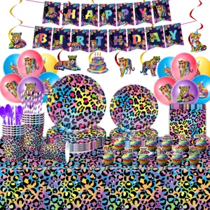 Neon Leopard Cheetah Party Zubehör, Nahaufnahme von bunten Banner Luftballons und Geschirr Details.