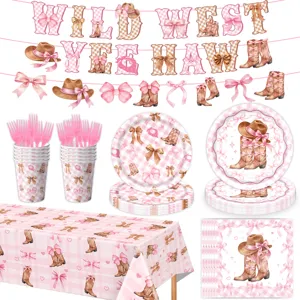 Rosa Western Cowgirl Geburtstag Party Zubehör Set mit Tellern Bechern Tischdecke Banner.