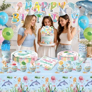 Ozean Tiere Kindergeburtstag Party Deko Set mit Tellern, Bechern, Servietten und Luftballons.