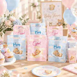 Close-up detail of cute teddy bear party gift bags with cloud and star design for baby shower.