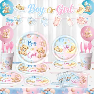 Gender Reveal Party Deko Set mit süßen Teddybären Teller Becher Servietten Luftballons