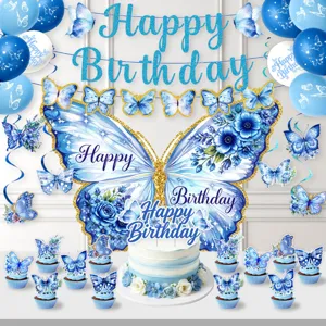 Blue butterfly birthday party decorations set with banner balloons and cake toppers
