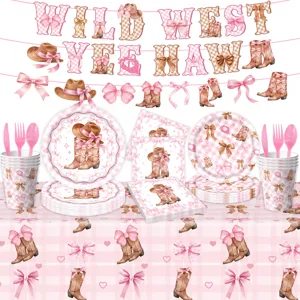 Westliche Cowgirl Geburtstag Party Set mit Einwegtellern, Bechern, Servietten und Tischdecke.