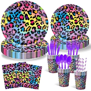 Buntes Neon-Leopardenmuster Party-Geschirr Set mit Tellern, Bechern, Servietten und Besteck.