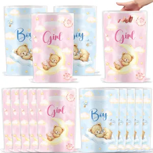 Cute teddy bear baby shower gift bags, pink and blue party favor treat bags for kids.