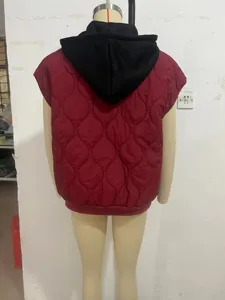 Women fall sleeveless hooded quilted vest color block casual outerwear back view detail
