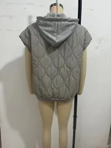 Detailed back view of grey quilted hooded vest, sleeveless jacket showing pattern.
