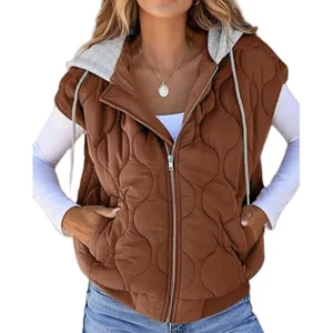 Close up detail of quilted hooded vest, casual sleeveless zip jacket with drawstring.