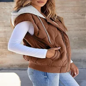 Women brown quilted hooded vest sleeveless casual jacket autumn fashion outerwear detail view