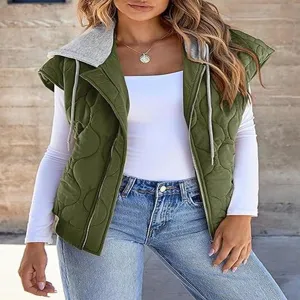 Women quilted hooded vest casual sleeveless outerwear with drawstring and white long sleeve tops