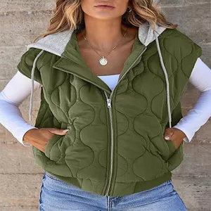 Womens quilted hooded sleeveless vest in army green with contrasting grey hood and full zip.