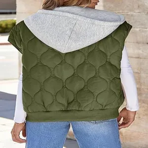 Women quilted hooded vest casual sleeveless winter outerwear army green size medium