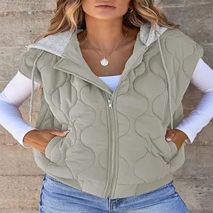 Stylish women quilted hooded vest sleeveless full zip casual outerwear with dual pockets for autumn.