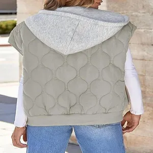 Women quilted hooded sleeveless vest casual zip up colorblock puffer jacket outerwear autumn new