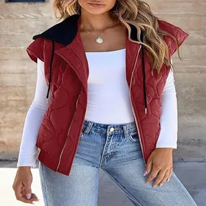 Detailed view of women's colorblock hooded quilted vest, casual sleeveless outerwear for autumn.