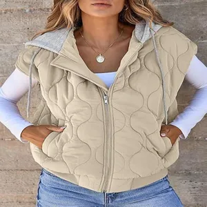 Women's quilted sleeveless hooded vest zip up casual outerwear solid color basic coat