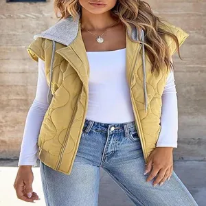 Women casual colorblock sleeveless hooded puffer vest autumn zip up outerwear streetwear