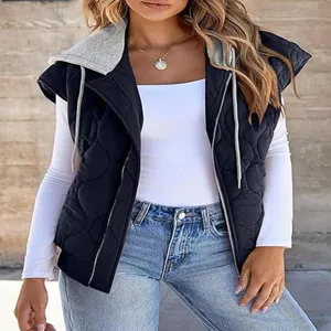 Detailed view of the stylish quilted hooded vest featuring a contrast drawstring design.