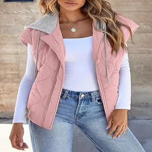 Women fall sleeveless quilted hooded vest casual pink zip up outerwear top jeans match