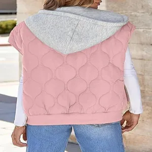 Detailed view of the stylish women's colorblock hooded quilted vest, showcasing fine stitching.