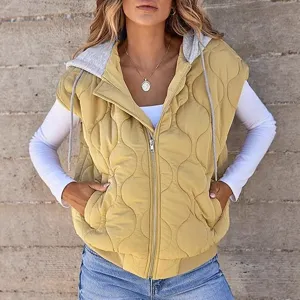Women's Quilted Hooded Vest Casual Sleeveless Puffer Jacket Drawstring Autumn Coat