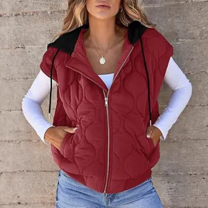 Women fall colorblock sleeveless hooded puffer vest casual zip up quilted outerwear top