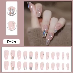 Glossy nude pink press-on nails with silver glitter lines and crystal rhinestones.