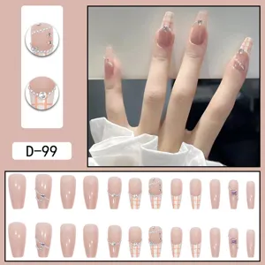 Long coffin press on nails nude pink pearl rhinestone grid cute fake nail art tips