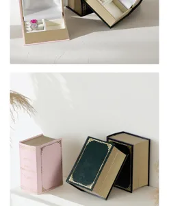 Retro book shaped jewelry box detail, creative vintage storage case for rings, earrings, necklace.