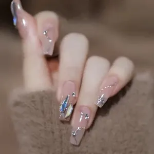 Long coffin press-on nails nude false nail art tips with rhinestones and glitter lines for daily wear