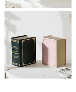 Vintage book shaped jewelry storage box with gold foil embossing for rings earrings and pendants.