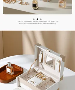 Double layer jewelry box with mirror, white leather storage organizer for rings and earrings.