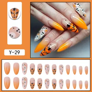 Halloween press on nails orange gradient long stiletto fake nail set with cute ghost pumpkin