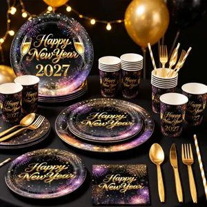 2027 New Year party tableware set with colorful fireworks pattern paper plates cups and napkins.