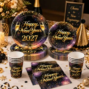 Colorful fireworks 2027 New Year party supplies disposable paper plates cups napkins set.