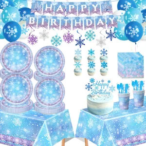 Eiskristall Geburtstag Party Deko Set mit Tellern, Bechern, Tischdecke und Banner Girlande.