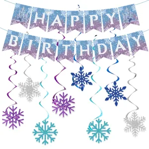 Blaue Schneeflocken Geburtstag Party Dekoration Banner Set mit Hängewirbeln und Glitzer.