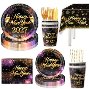 Colorful fireworks 2027 New Year party supplies disposable plates cups napkins tablecloth
