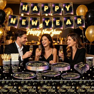 Colorful fireworks 2027 New Year party supplies set with banner plates cups napkins tablecloth.