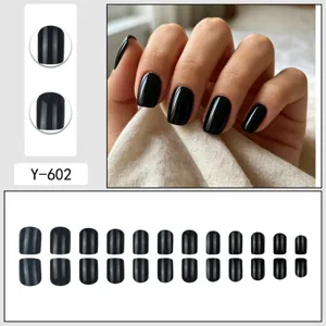 Short square black press on nails 24pcs set, glossy dark style false nail art tips.