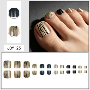 Summer black lines gold glitter press on toenails fake toe nail tips set full cover