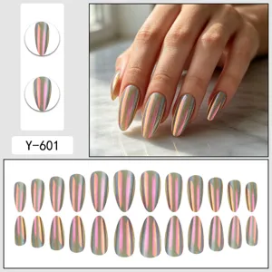 Aurora mirror powder almond press-on nails detail view showing glossy gradient fake nail patches.